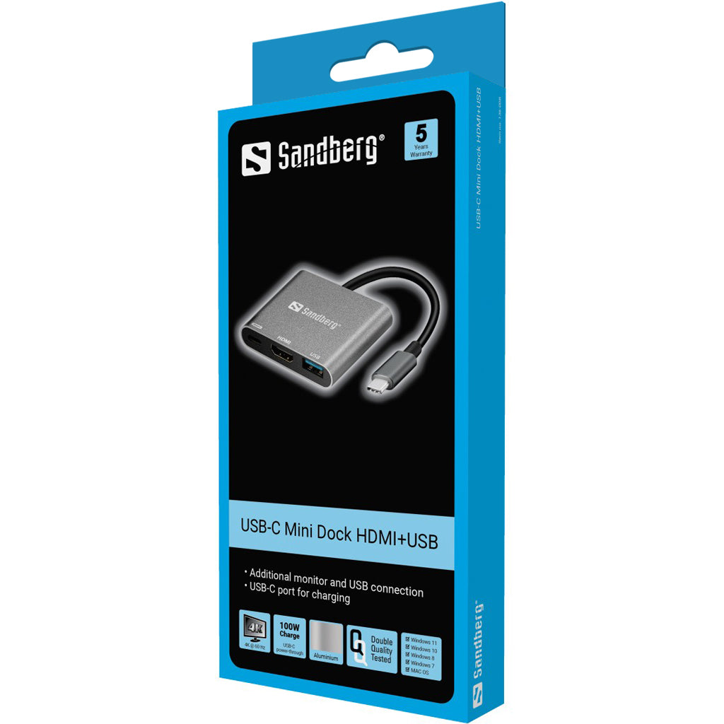 Sandberg 136-00 USB-C Mini Dock HDMI+USB Graphics Adapter Aluminium
