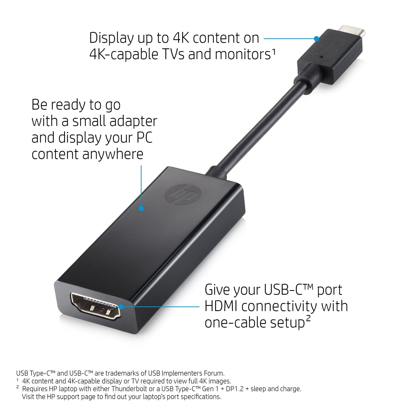 HP 1WC36AA USB-C to HDMI 2.0 Adapter – Black, Compact Design