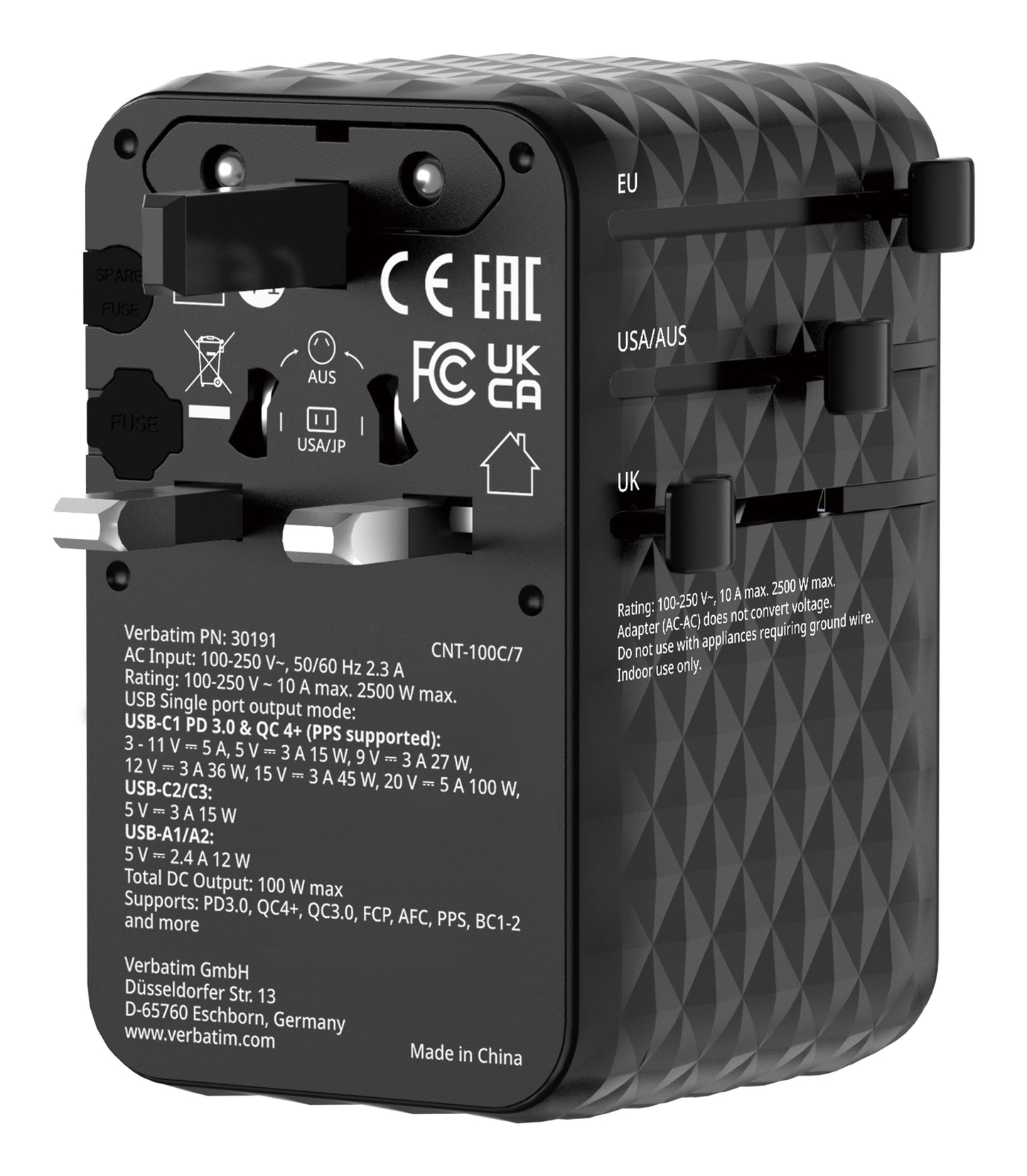 Verbatim 30191 Charge 'n' Travel 100W Universal Travel Adapter Black