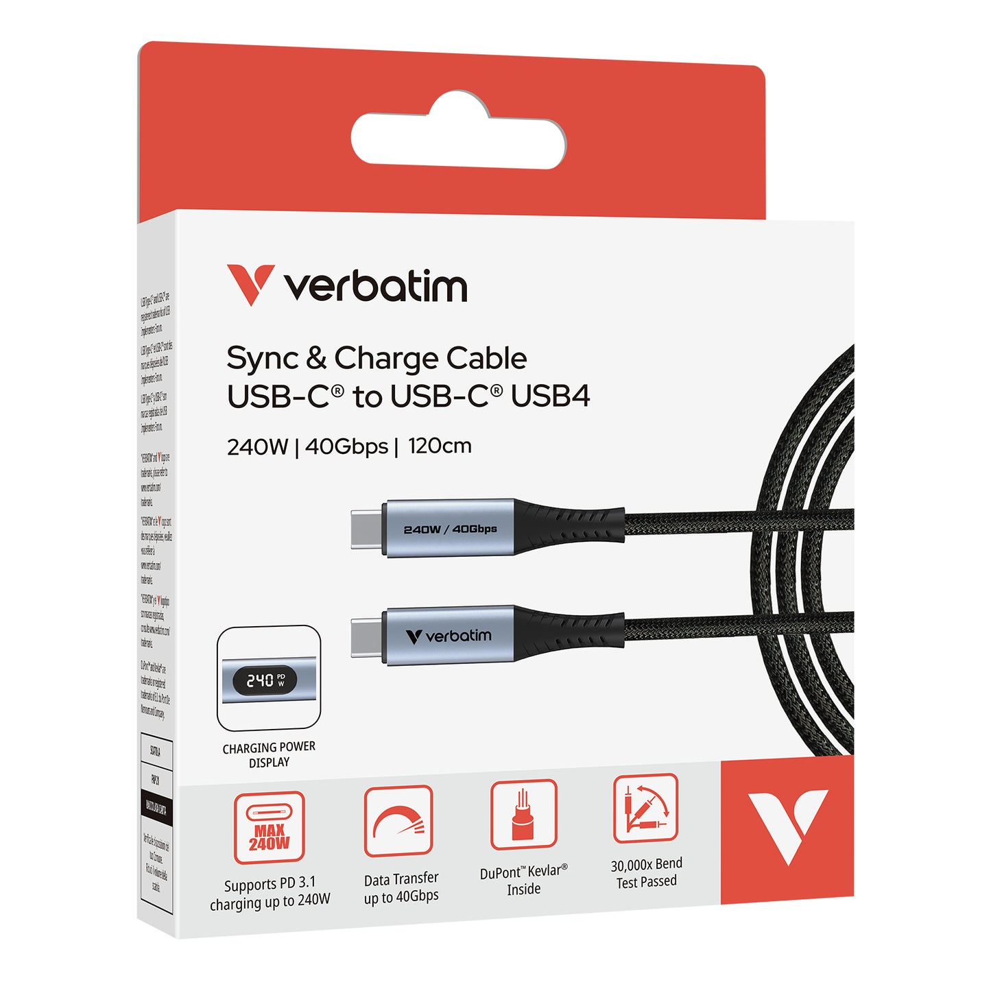 Verbatim 31849 USB-C to USB-C Cable – 240W 40Gbps USB4 LED Display 1.2m