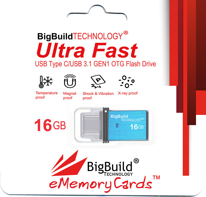 BigBuild Technology 16GB Blue Dual Drive Type C OTG USB Memory Stick, USB Drive