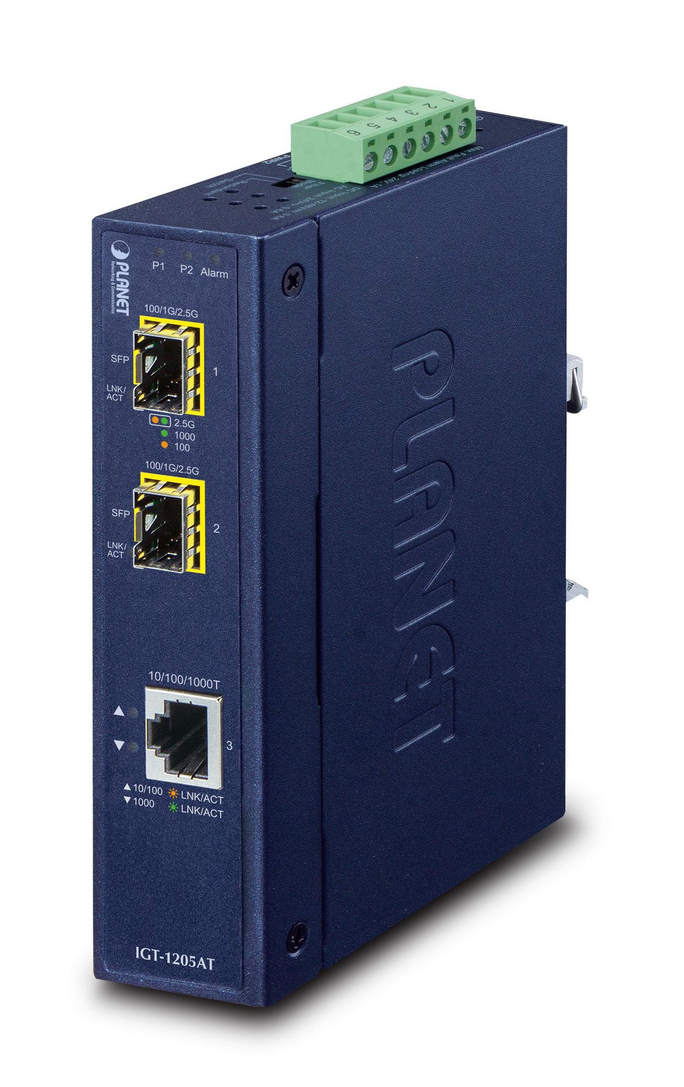 Planet IGT-1205AT Network Media Converter – 1-Port 10/100/1000T to 2-Port 100/1000/2500X SFP, IP30, 5-Year Warranty