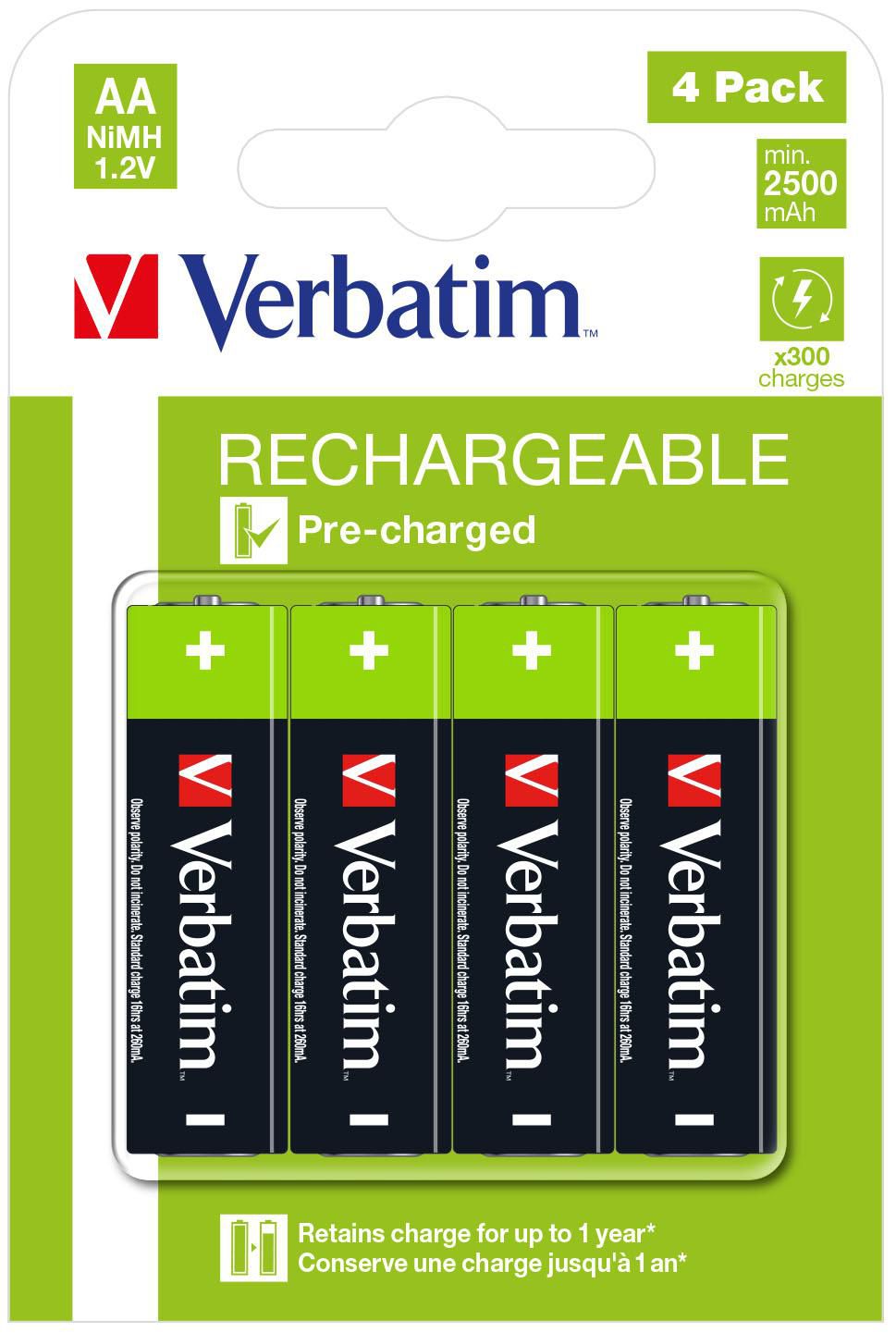 Verbatim 49517 AA Premium Rechargeable Batteries – 1.2V 2500mAh 4-Pack