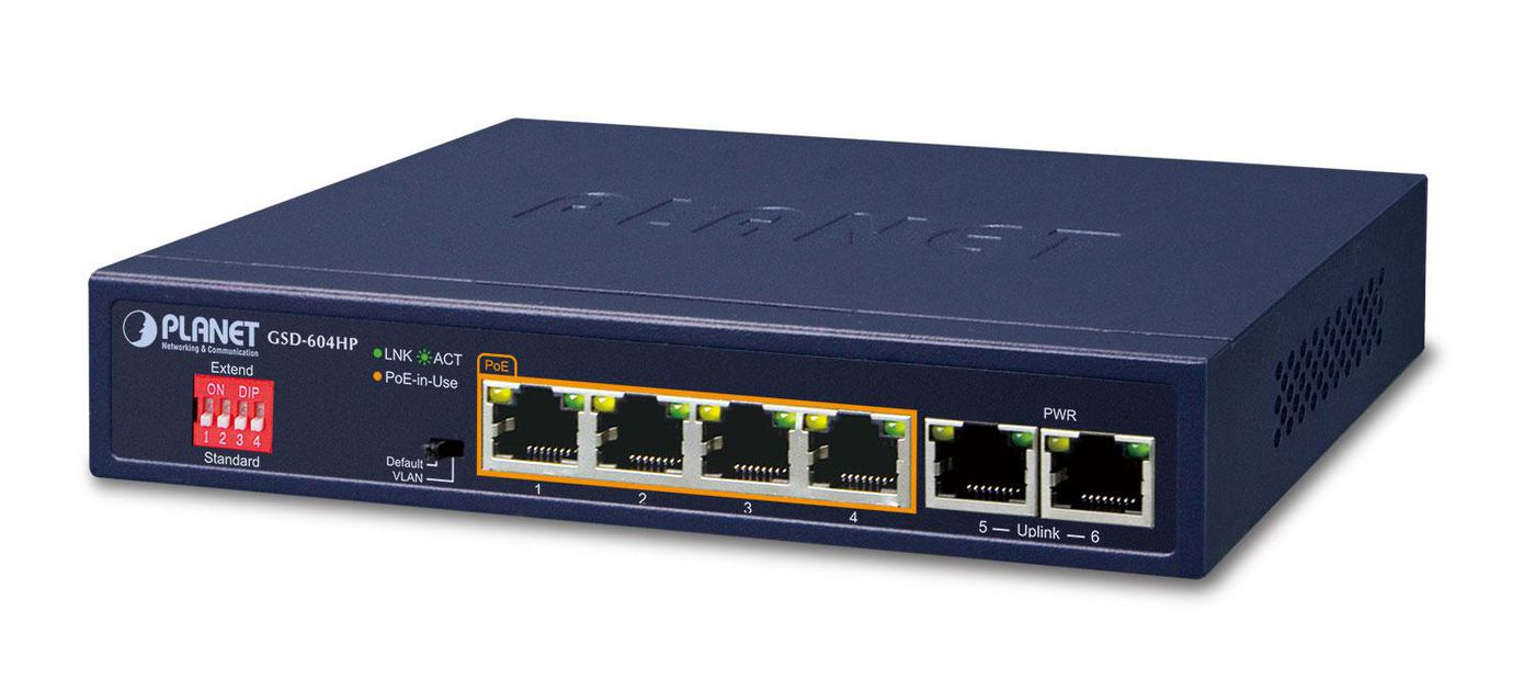 Planet GSD-604HP Network Switch – 4-Port PoE+ 2-Port Gigabit 12Gbps 55W