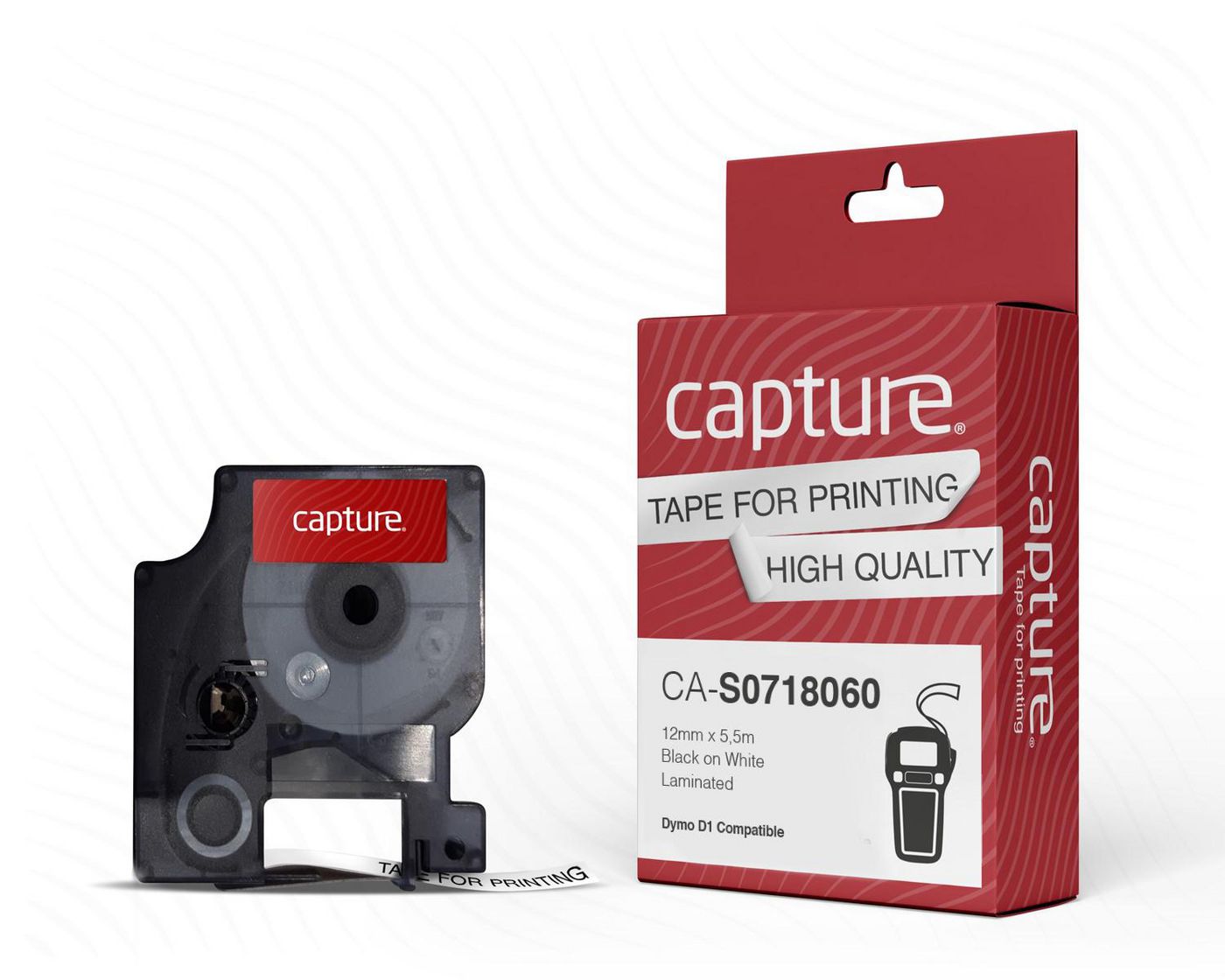 Capture CA-S0718060 Label Making Tape – 12mm x 5.5m Black on White Polyester