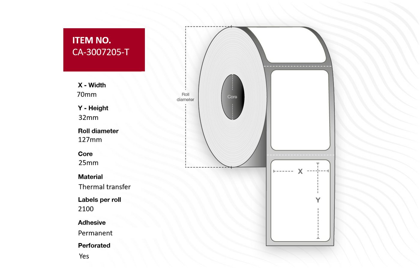 Capture CA-3007205-T Printer Labels – Thermal Transfer, 70x32mm, 2100/Roll