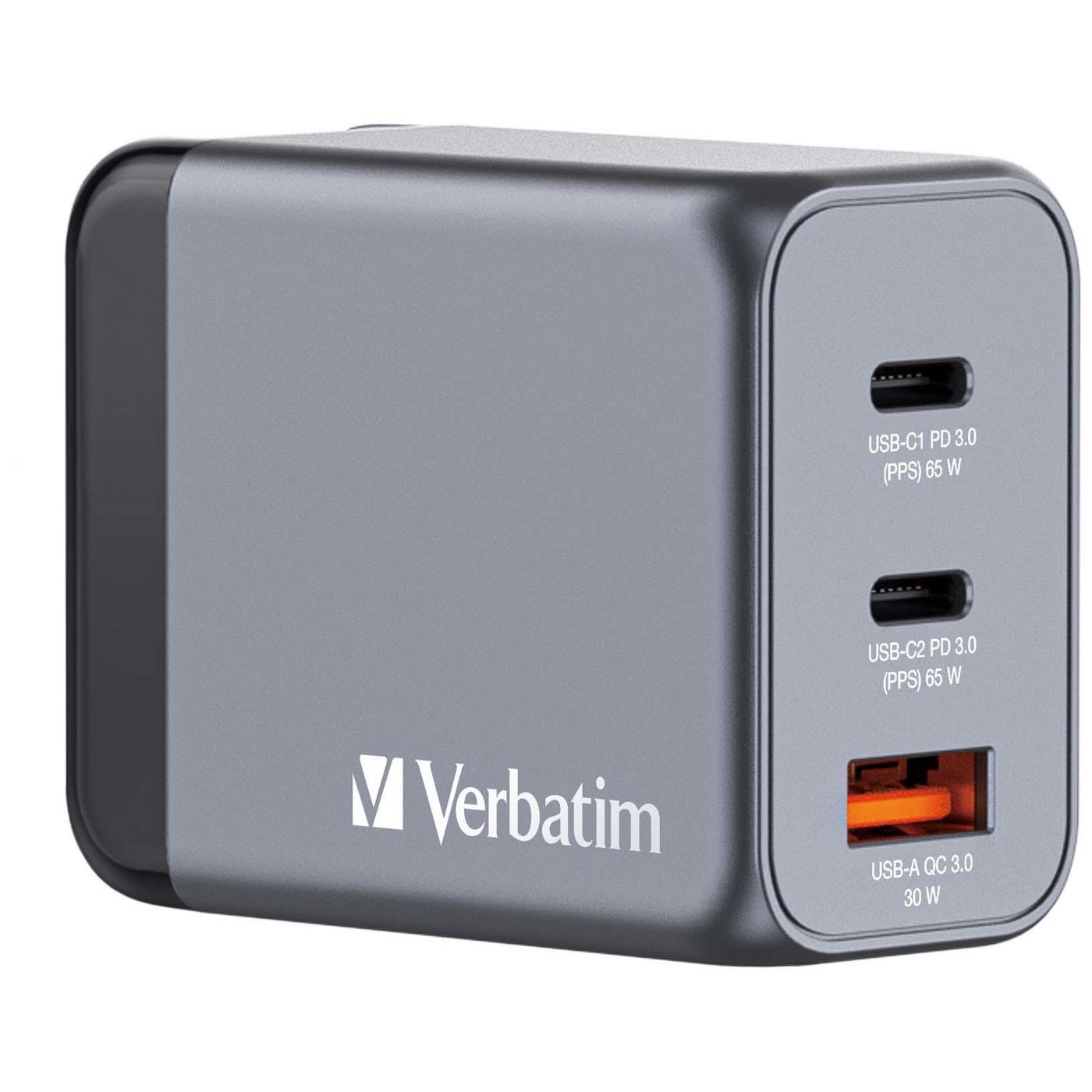 Verbatim 32201 GNC-65 65W GaN USB‑C PD Charger — 2x USB‑C, 1x USB‑A QC3.0