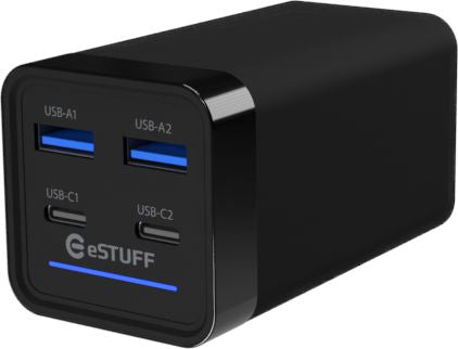 eSTUFF ES635200 65W 4-Port GaN USB-C Charger – Smart Charging, Black, AC