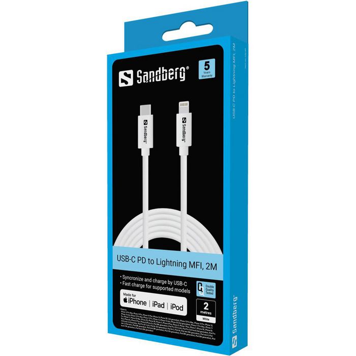 Sandberg 136-59 USB-C PD to Lightning Cable, 2m – MFi Certified, White