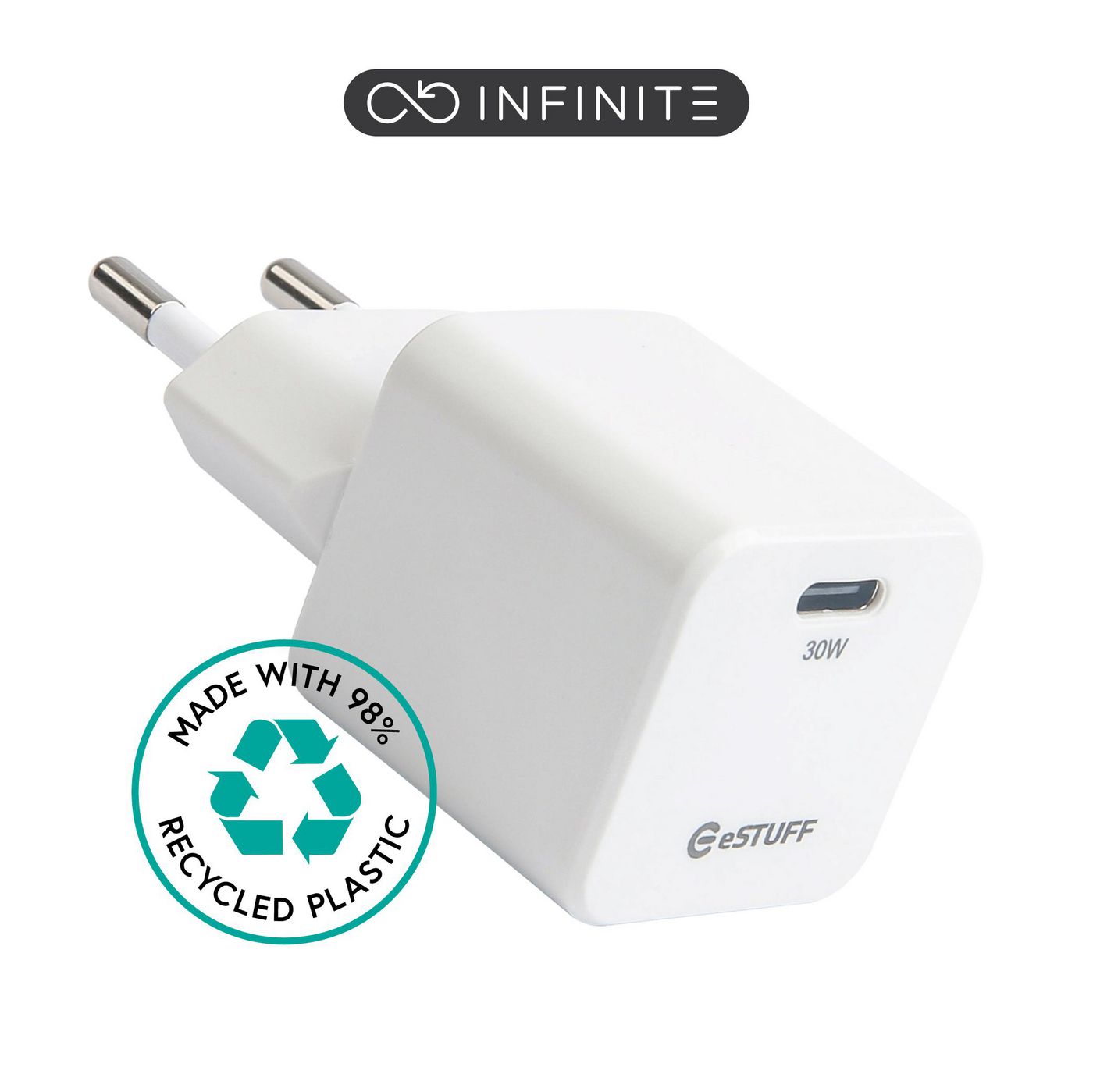 eSTUFF ES637027 30W USB-C PD GaN Charger – White, Recycled rPC, Fast Charge