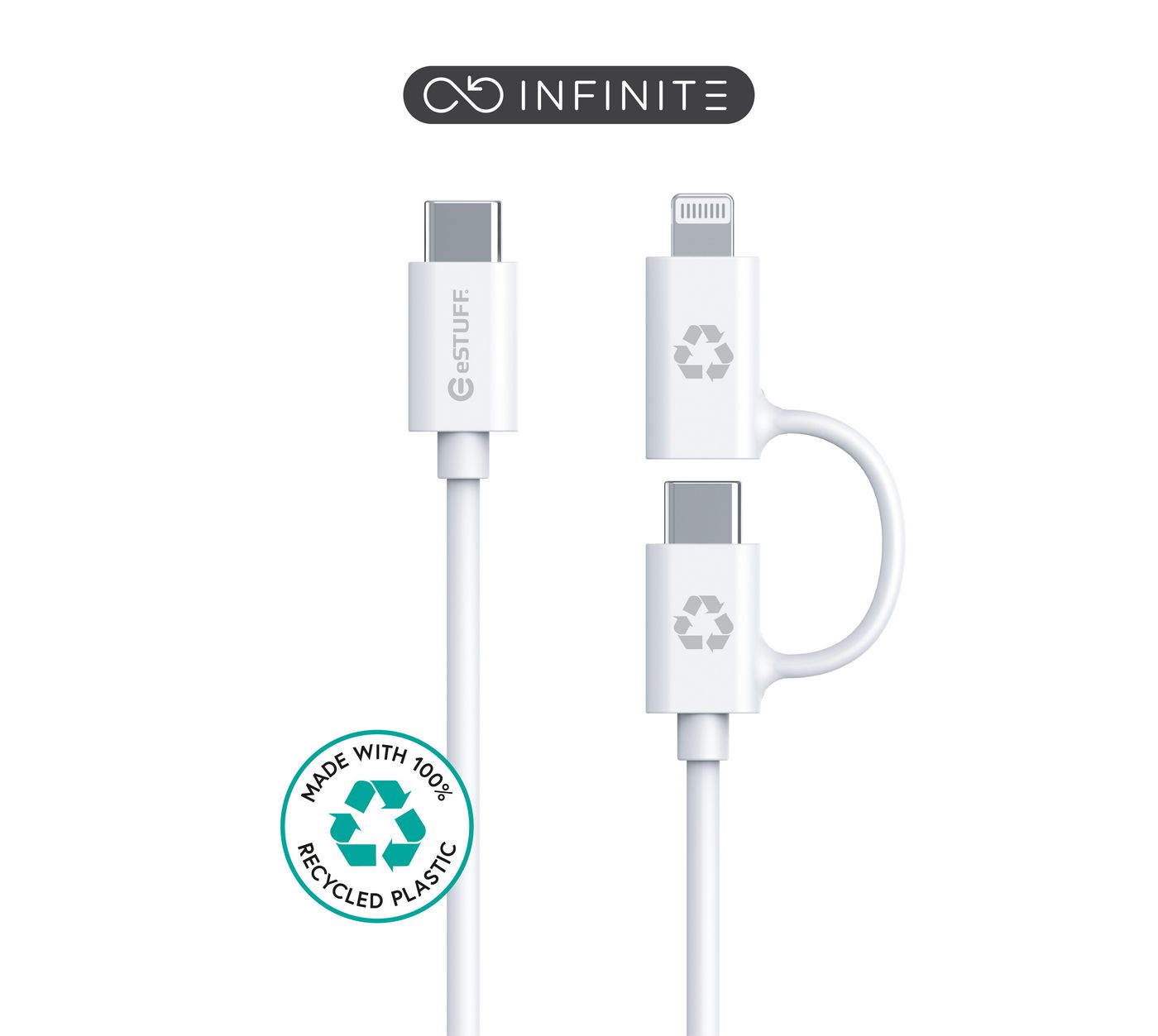 eSTUFF ES600170 USB-C to USB-C/Lightning Cable 1m – White, MFI, 5V–2.4A, Kevlar Reinforced