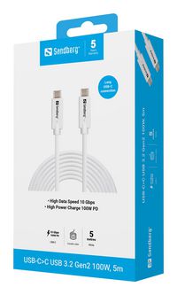 Sandberg 136-76 USB-C to USB-C Cable 5m – 100W USB 3.2 Gen2 10Gbps White