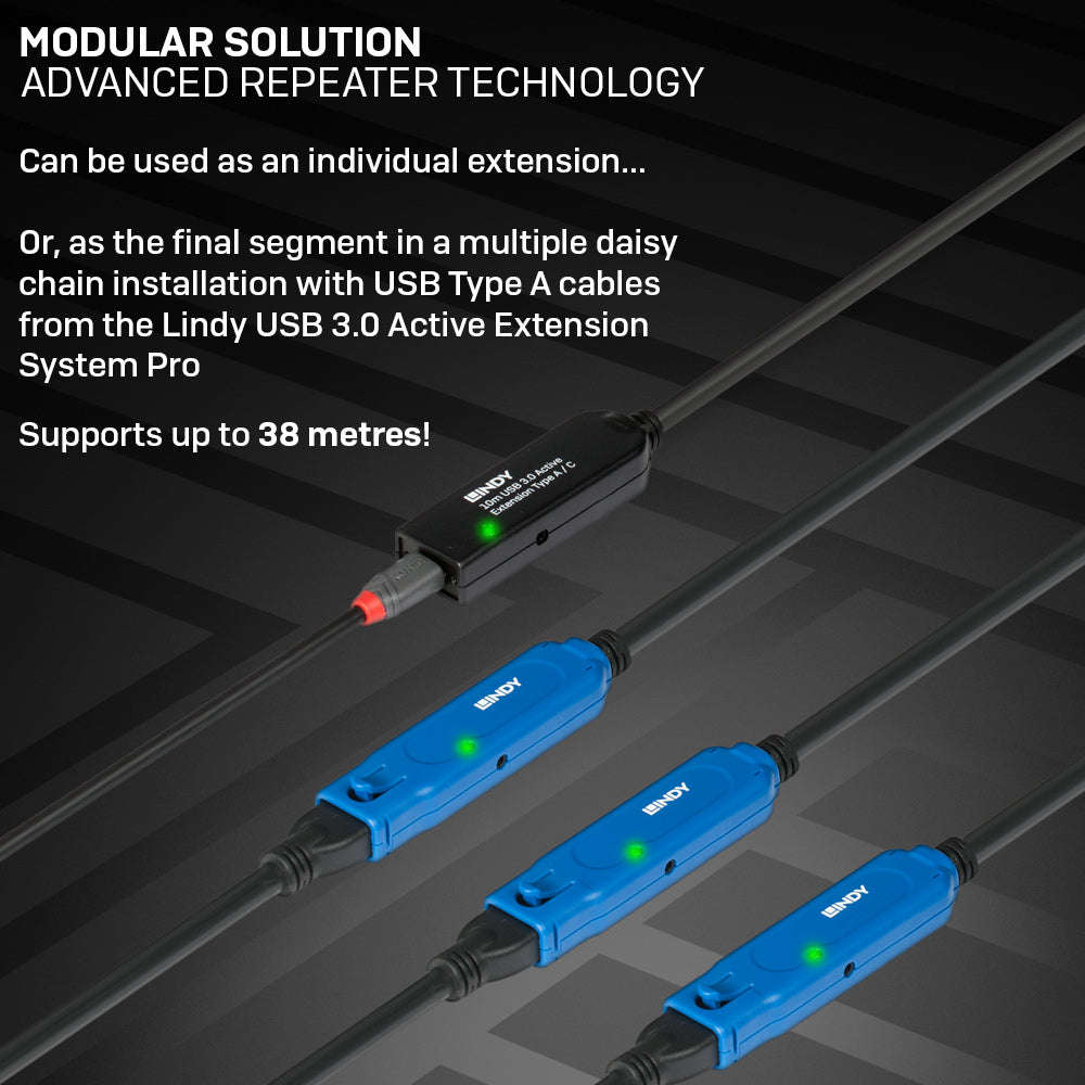 Lindy 43376 USB 3.0 Active Extension Cable – Type A to C 10m 5Gbps