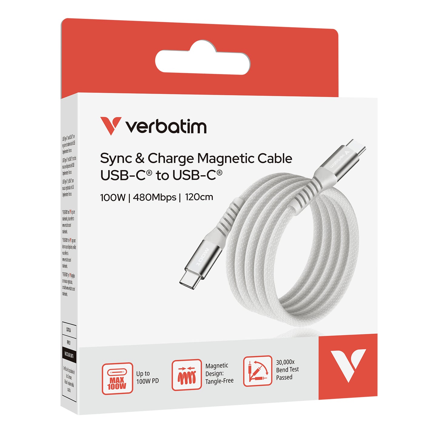 Verbatim 31854 USB-C to USB-C Magnetic Cable – 100W 1.2m Grey