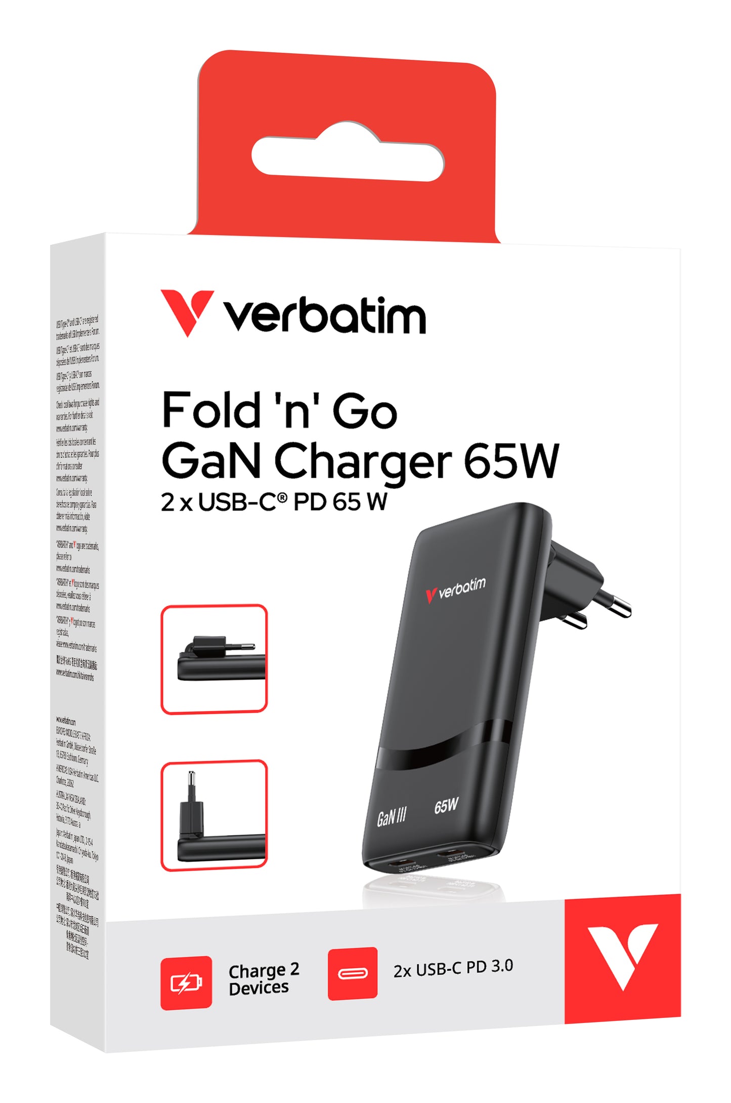 Verbatim 32354 Fold 'n' Go GaN Charger 65W EU Plug Black – Dual USB-C Fast Charging