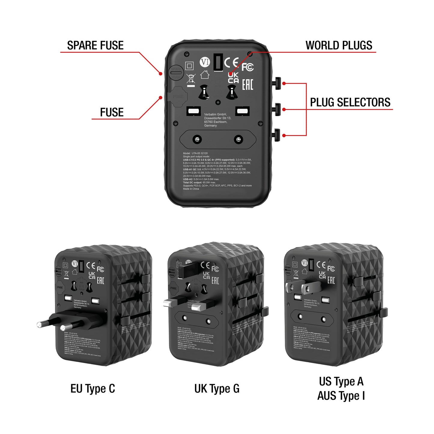 Verbatim 32120 UTA-05 65W GaN III Universal Travel Adapter – 2x USB-C PD, 2x USB-A, Black