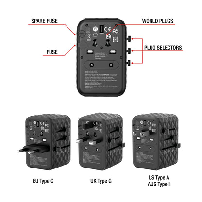 Verbatim 32120 UTA-05 65W GaN III Universal Travel Adapter – 2x USB-C PD, 2x USB-A, Black