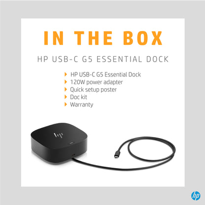 HP 72C71AA USB-C G5 Essential Dock – Wired Docking Station, 120W, Black