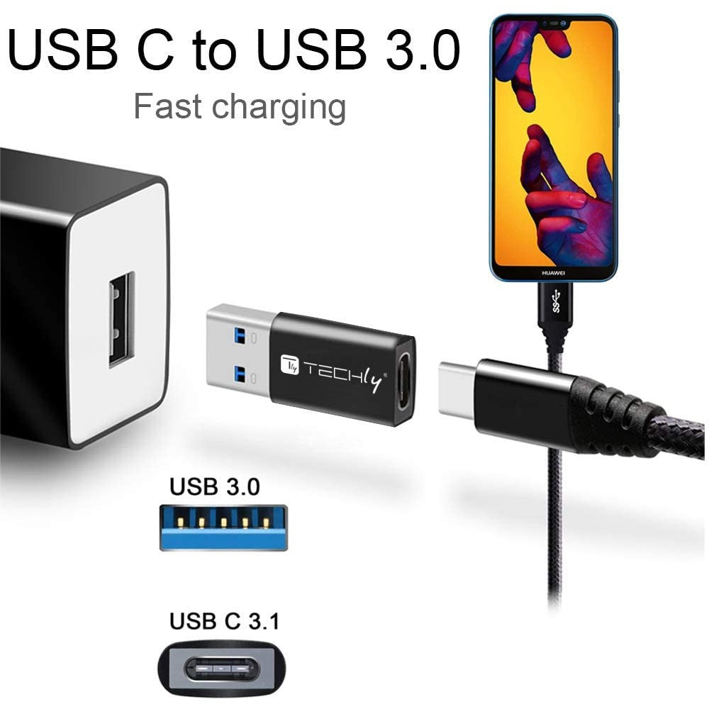 Techly IADAP-USB3-AFT USB 3.0 Adapter – USB A Male to USB-C Female Converter Black