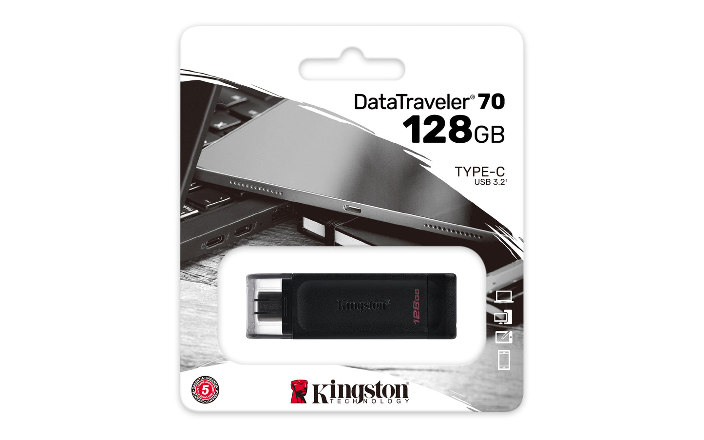 Kingston DT70/128GB USB Flash Drive – 128GB USB-C 3.2 Gen 1, Black