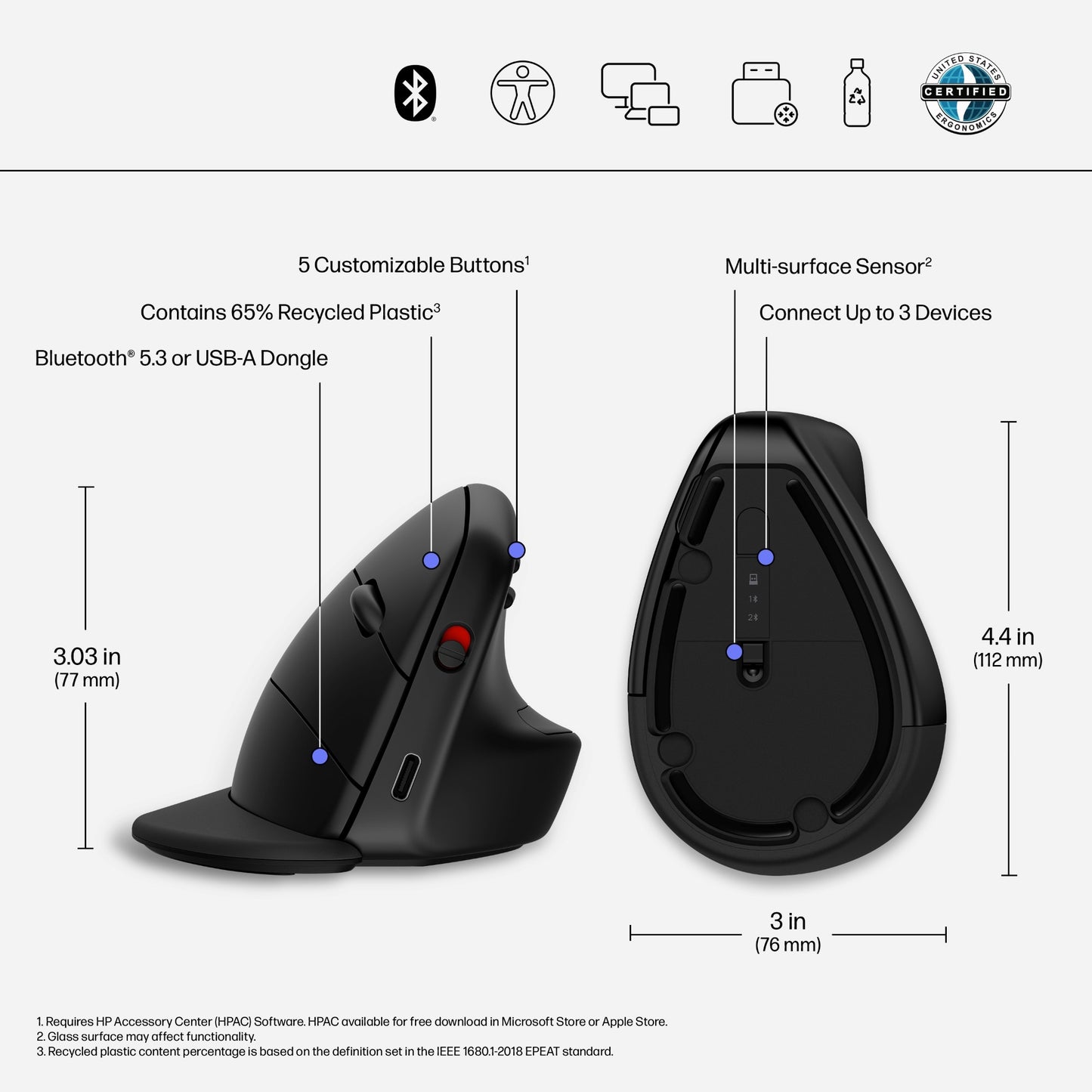 HP 6H1A5AA Ergonomic Vertical Mouse – Wireless, Rechargeable, 4000 DPI