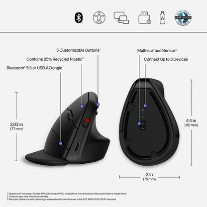 HP 6H1A5AA Ergonomic Vertical Mouse – Wireless, Rechargeable, 4000 DPI