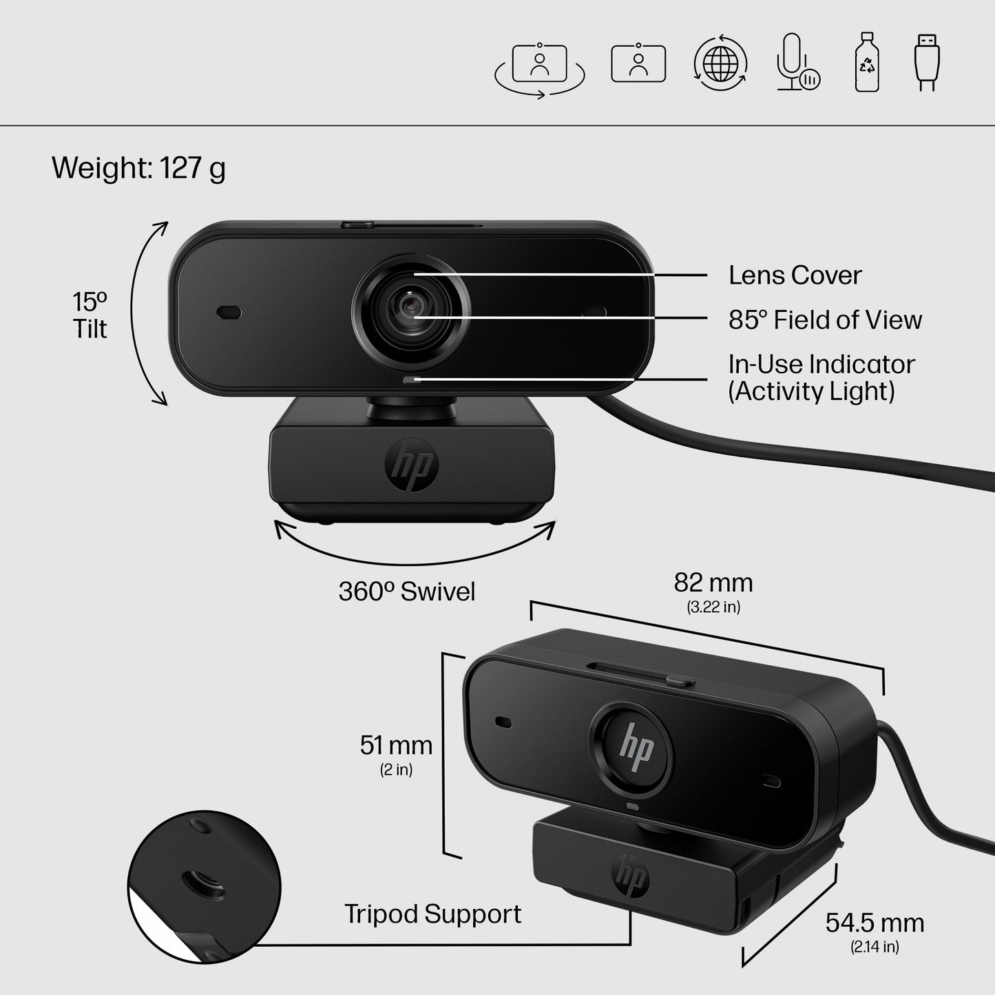 HP 77B11AA 430 FHD Webcam – Full HD 1080p, USB, 2MP, 85° Wide Angle, Black