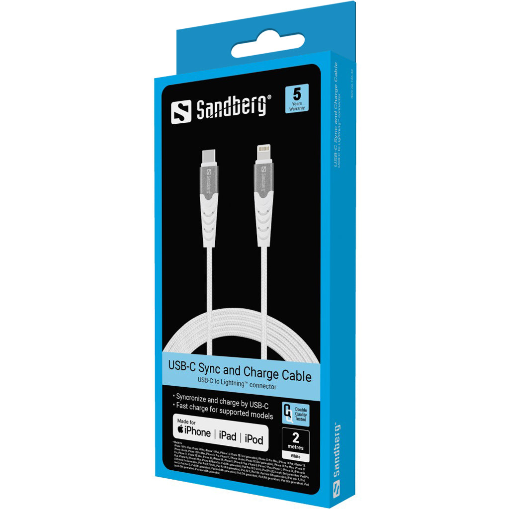 Sandberg 136-48 USB-C PD to Lightning MFI 2m Braided Fast Charging Cable – White