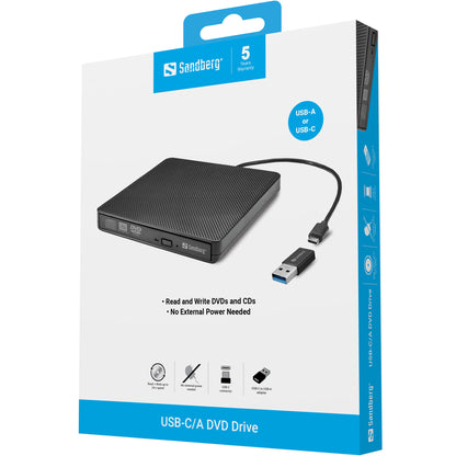 Sandberg 136-62 Optical Disc Drive – USB-C/A DVD Super Multi DL, Black