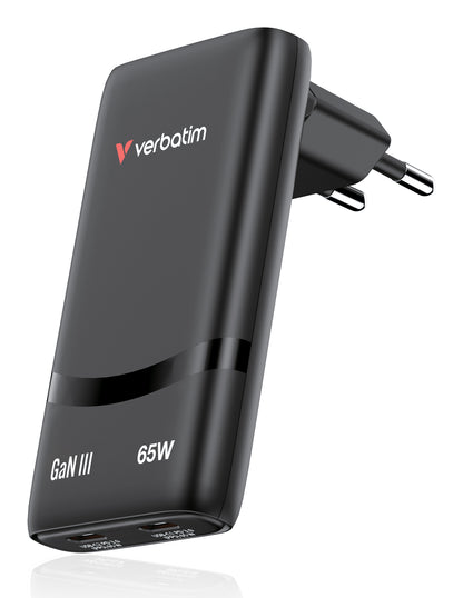 Verbatim 32354 Fold 'n' Go GaN Charger 65W EU Plug Black – Dual USB-C Fast Charging