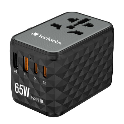 Verbatim 32120 UTA-05 65W GaN III Universal Travel Adapter – 2x USB-C PD, 2x USB-A, Black