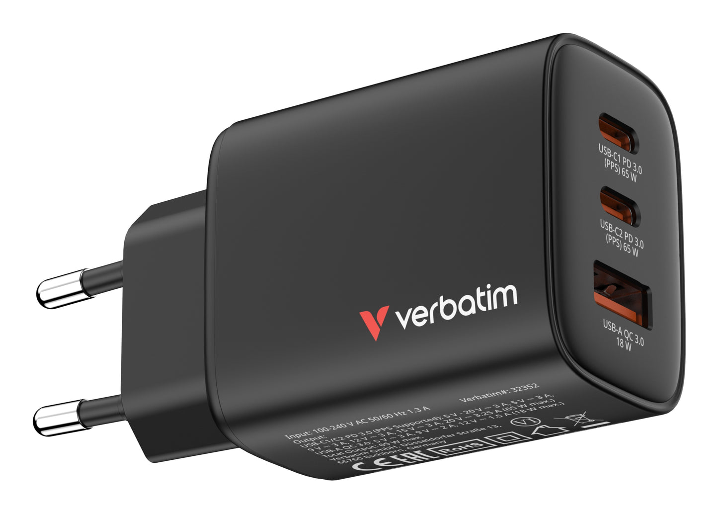 Verbatim 32352 GaN Charger 65W EU Plug Black – USB-C & USB-A Fast Charging
