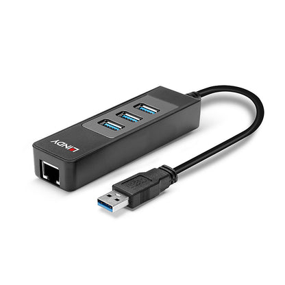 Lindy 43176 USB 3.0 Hub and Gigabit Ethernet Converter – 3-Port, 5Gbps, Black