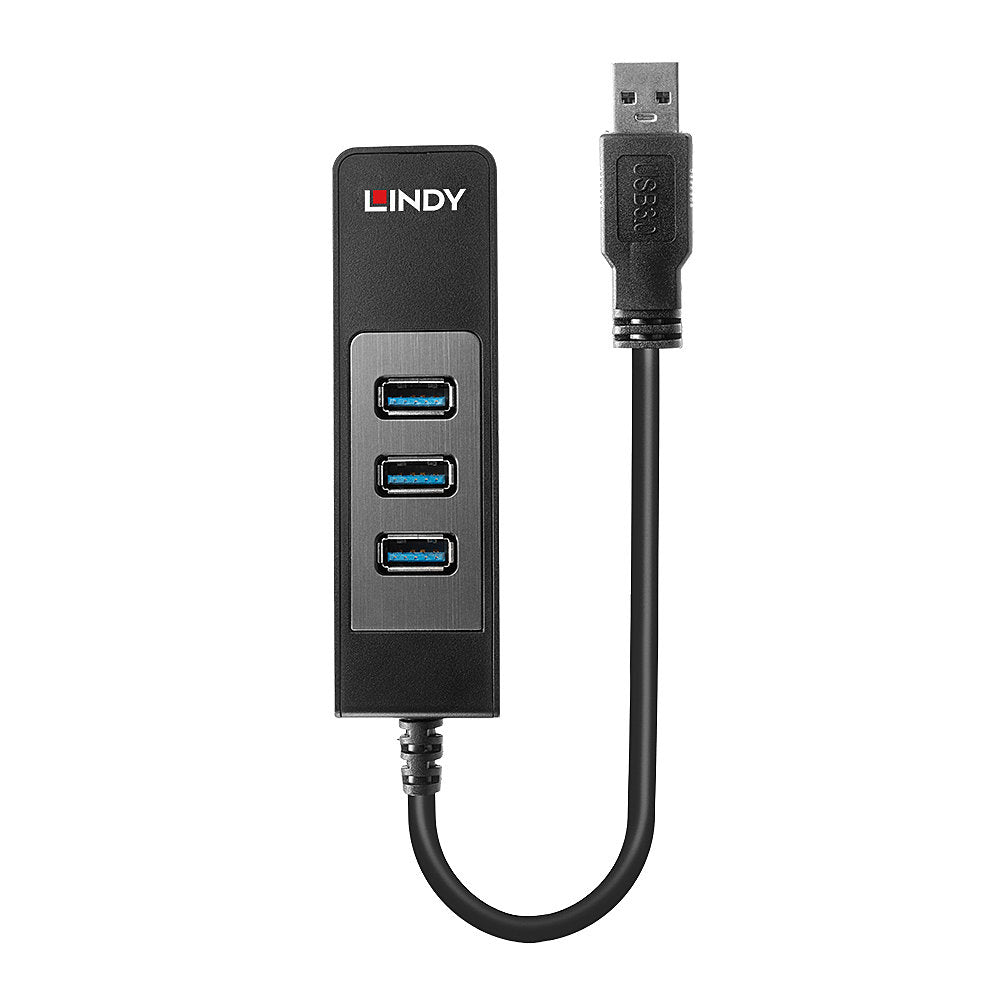Lindy 43176 USB 3.0 Hub and Gigabit Ethernet Converter – 3-Port, 5Gbps, Black