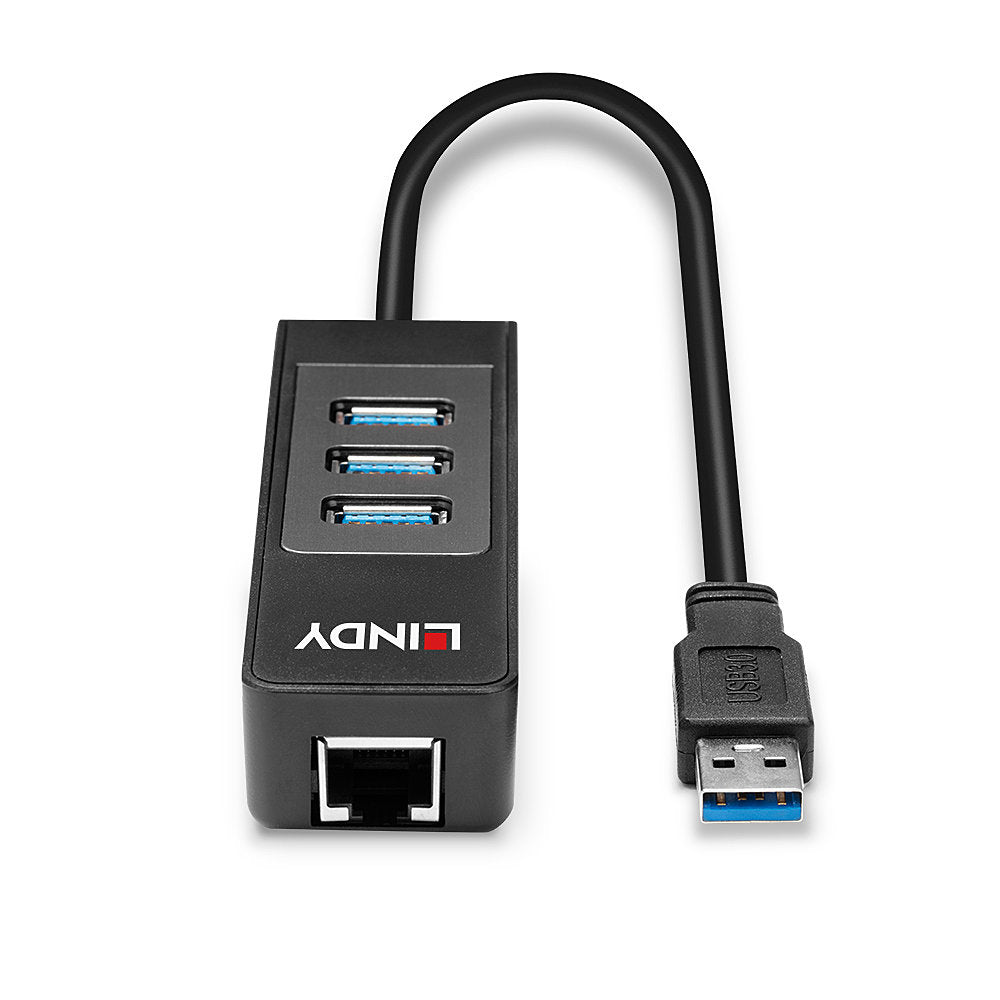 Lindy 43176 USB 3.0 Hub and Gigabit Ethernet Converter – 3-Port, 5Gbps, Black