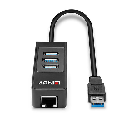 Lindy 43176 USB 3.0 Hub and Gigabit Ethernet Converter – 3-Port, 5Gbps, Black