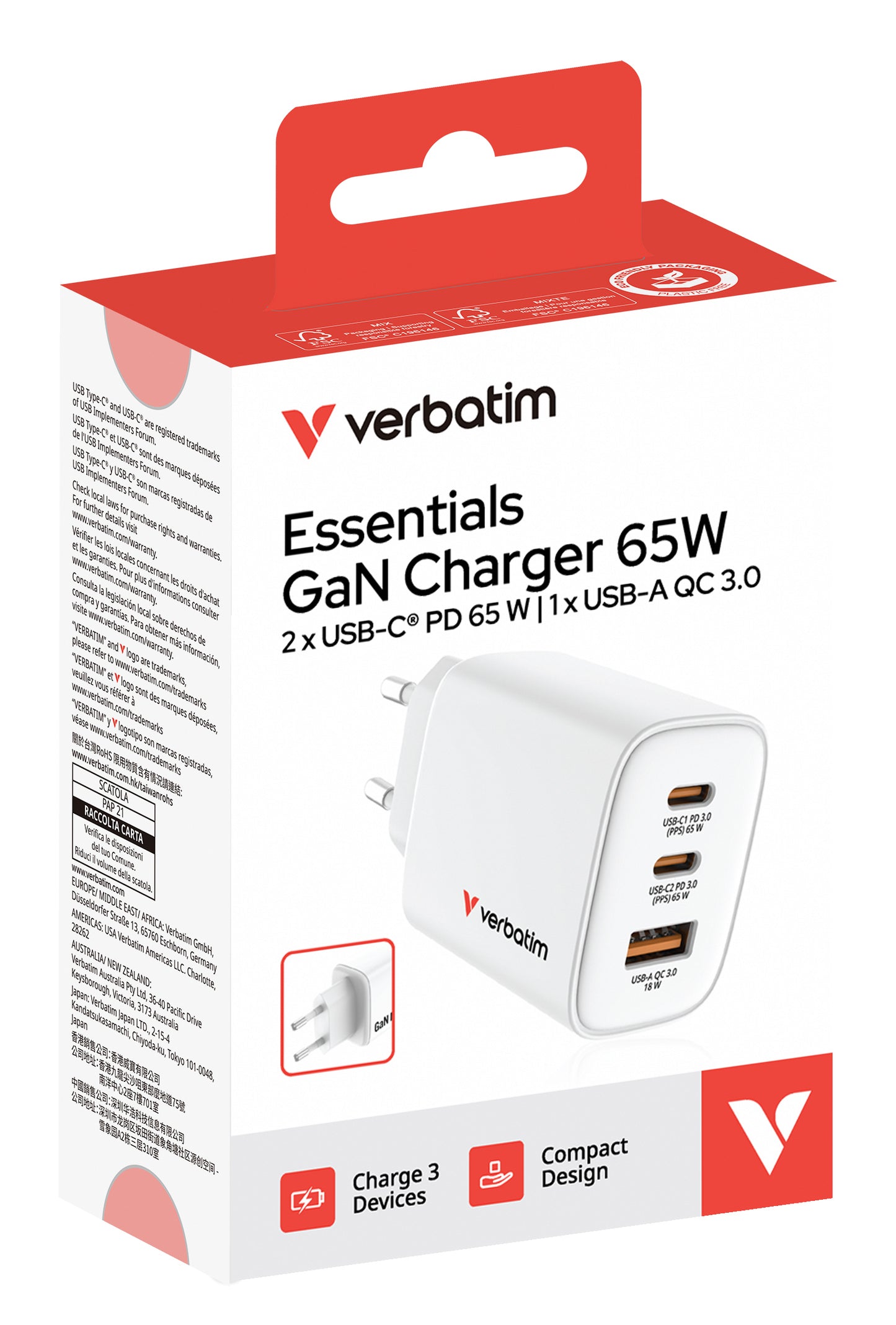 Verbatim 32353 GaN Charger 65W EU Plug White – USB-C Fast Charging