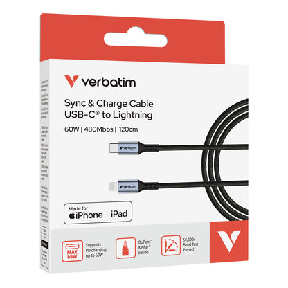 Verbatim 31844 USB-C to Lightning Cable – MFi Certified 1.2m 60W Black