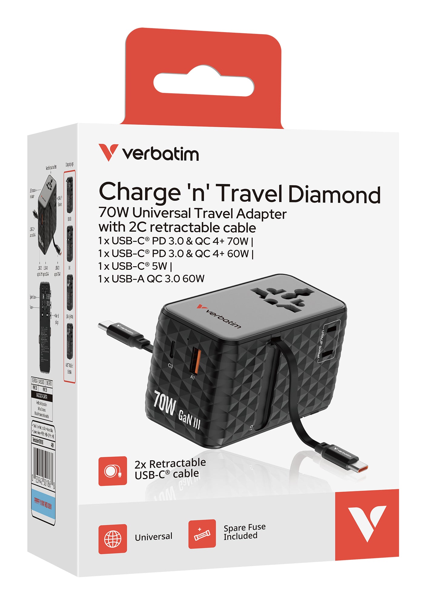 Verbatim 30186 Charge 'n' Travel 70W Universal Travel Adapter – GaN, 2C, Fast Charging, Black