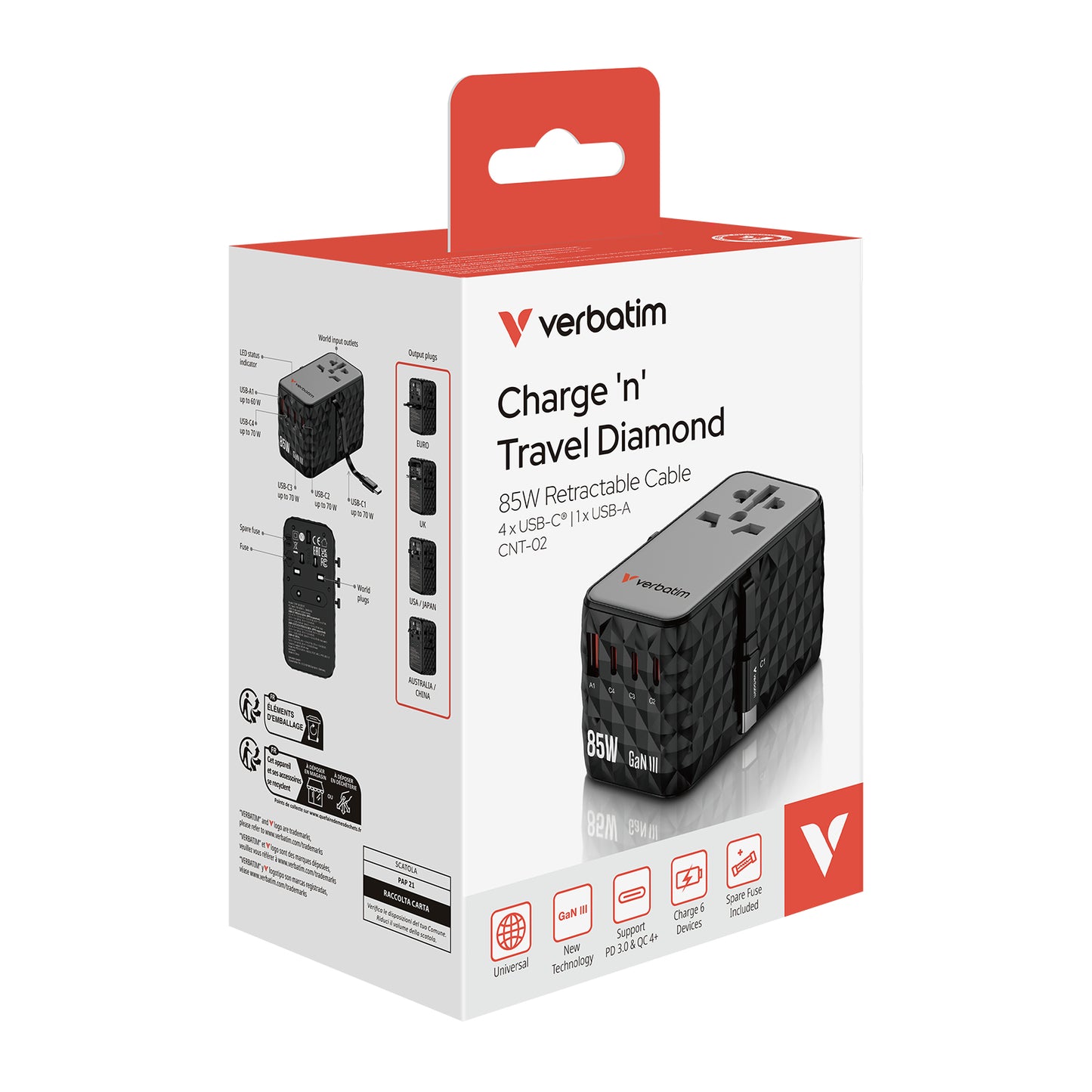 Verbatim 32127 Smart Device Charger – 85W Retractable Cable GaN III Travel Adapter