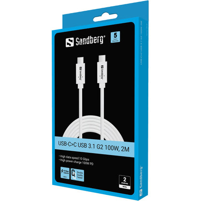 Sandberg 136-54 USB-C to USB-C Cable 2m – 100W 10Gbps USB 3.2 Gen 2 White