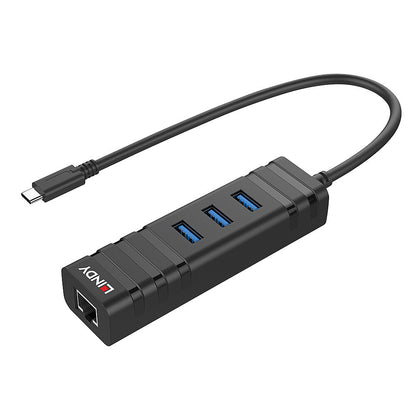 Lindy 43249 USB 3.2 Type C Hub and Gigabit Ethernet Converter 5Gbps Black