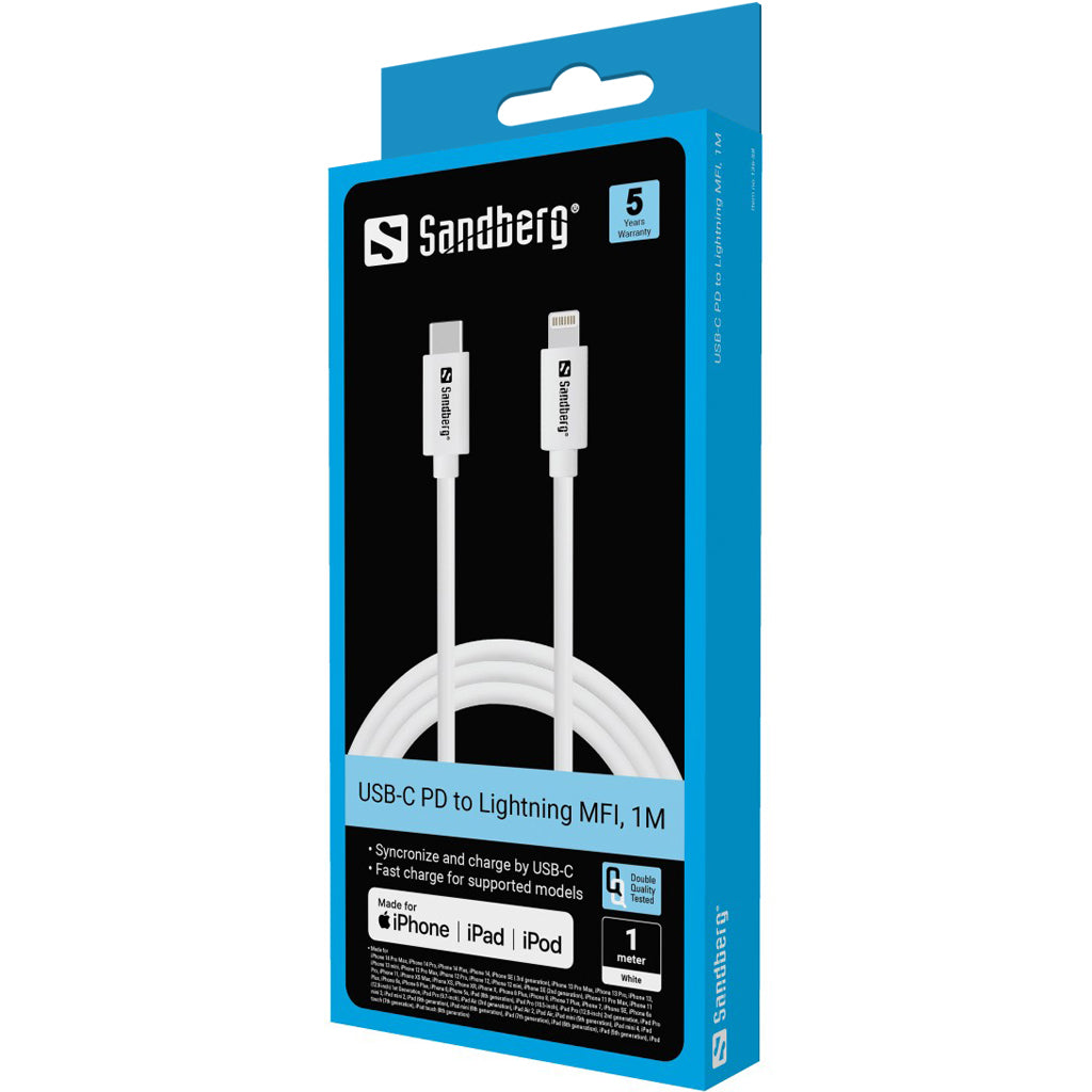 Sandberg 136-58 USB-C PD to Lightning Cable 1m – MFi Certified, Fast Charge, 5-Year Warranty