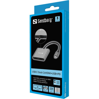 Sandberg 136-44 USB-C Dock – Dual HDMI, USB, Power Delivery, Aluminium
