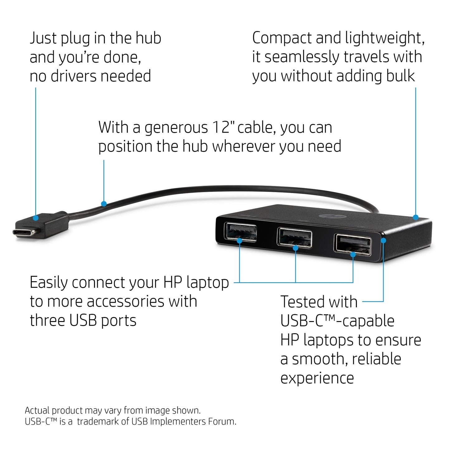 HP Z6A00AA USB-C to USB-A Hub – 3-Port USB 3.2 Gen 1, Black, Compact Design
