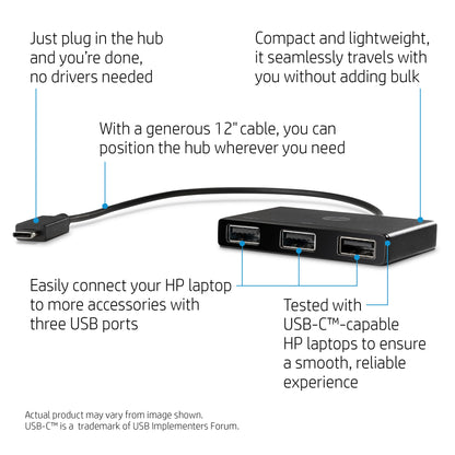 HP Z6A00AA USB-C to USB-A Hub – 3-Port USB 3.2 Gen 1, Black, Compact Design
