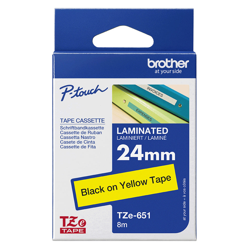 Brother TZE651 Label Making Tape – 24mm Black on Yellow Laminated 8m