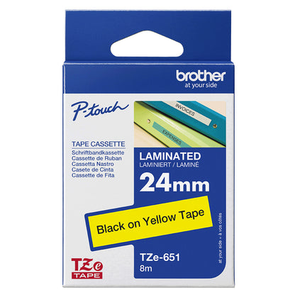 Brother TZE651 Label Making Tape – 24mm Black on Yellow Laminated 8m