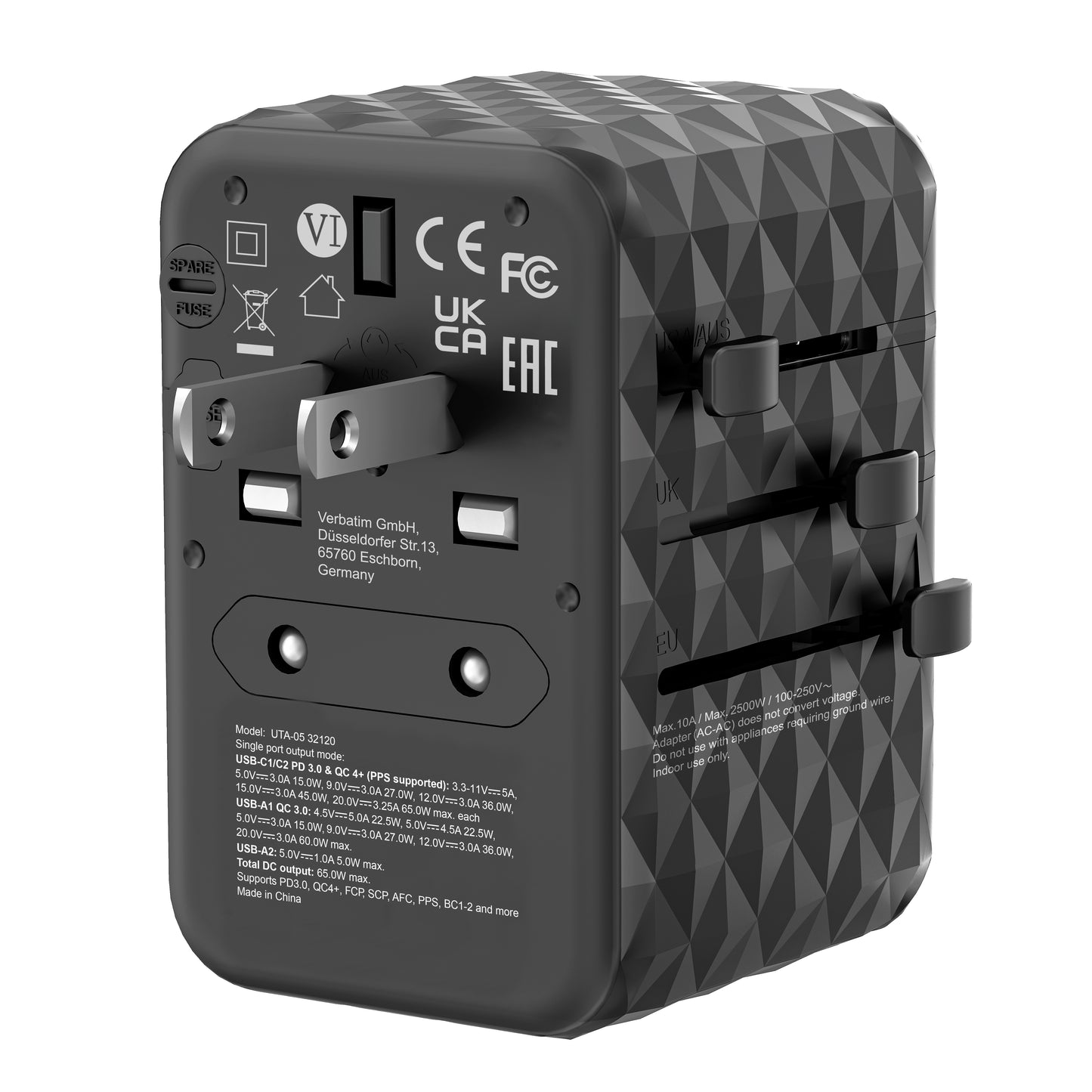 Verbatim 32120 UTA-05 65W GaN III Universal Travel Adapter – 2x USB-C PD, 2x USB-A, Black