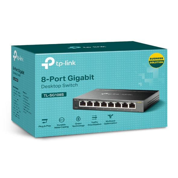 TP-Link TL-SG108S 8-Port Gigabit Desktop Network Switch – Steel, Plug & Play